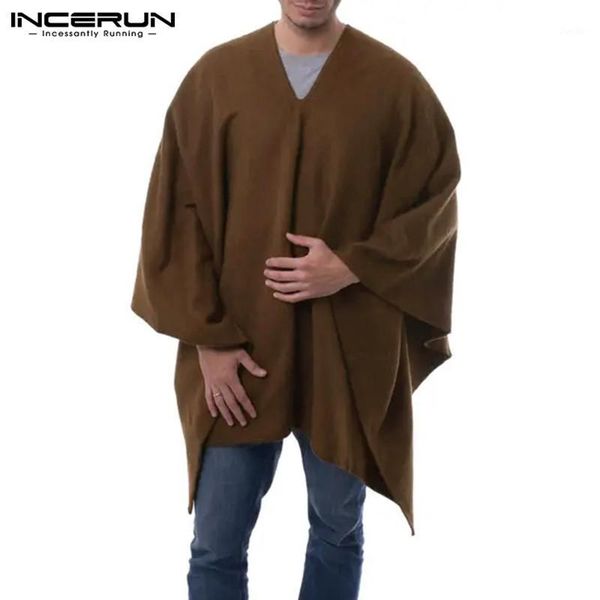 

incerun solid color men cloak coats v neck 2020 streetwear faux fleece casual trench autumn loose irregular ponchos men pullover1, Tan;black