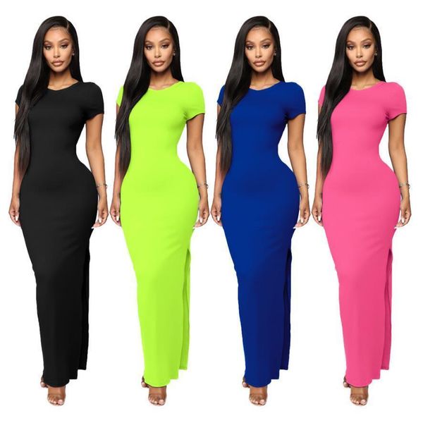 

high stretch summer 2021 elegant women dress o neck short sleeve maxi dress hem split long dress party thin vestidos, Black;gray