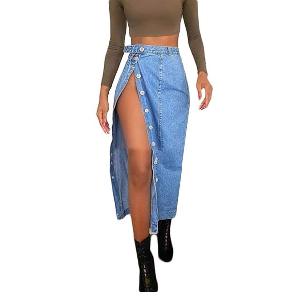 

2021 new high waist womens high slit skirt fashion summer blue long denim skirt button front jeans, Black