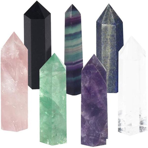 Cura Crystal Wands Natural Ametista Rosa Quartzo Clear Quartzo Negro Obsidian Green Fluorite Lapis Lazuli Rainbow Fluorite 6 Facetado