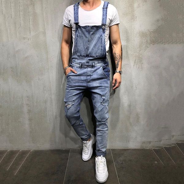 

men's fashion jeans overall distressed denim pants jumpsuits men romper casual overalls bib moto biker jeans men clothing, Blue