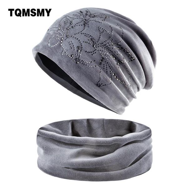

beanie/skull caps women's fashion rhinestone flower hat scarf winter warm beanies scarves set for girls thick velvet bonnet femme skull, Blue;gray