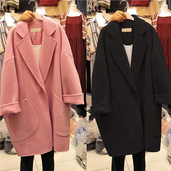 

new autumn winter women wool coat long sleeve long loose blends outwear plus size lapel woolen jacket elegant ladies trench f1561, Black