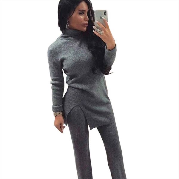 

осень зимние женщины вязание костюмы водолазки пуловер свитер эластичные талии брюки два частей набор, Gray