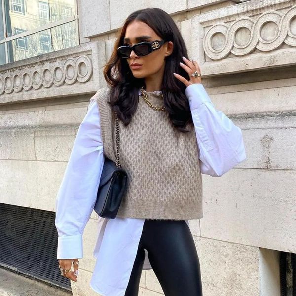 

women's vests 2021 women knit sweater vest textured sleeveless casual fashion chic lady woman knitted sweaters pullovers, Black;white