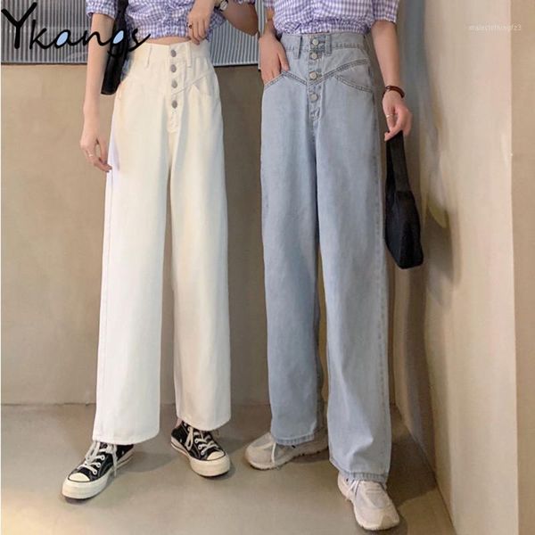 

women's jeans buttons white for women boyfriend loose high waist straight mom office ladies casual wide leg denim pants streetwear1, Blue
