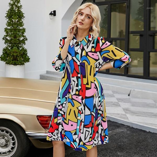 

2020 autumn winter women plus size pleated dress geometric painting designer dress button indie folk aesthetic clothes1, Black;gray