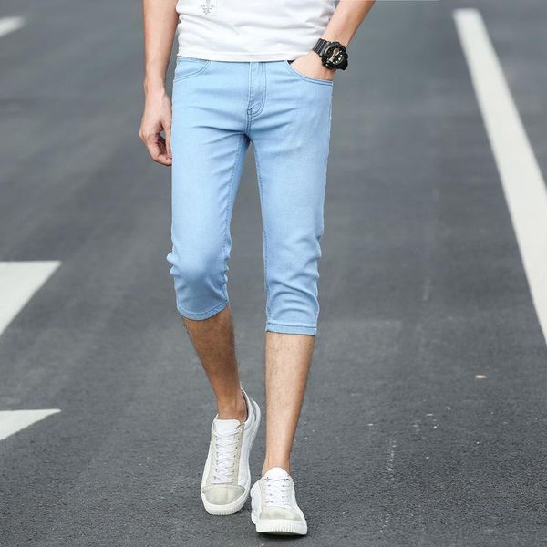 

new men's fashion stretch ripped zipper ny jeans for men summer casual trend calf length plus size, Blue