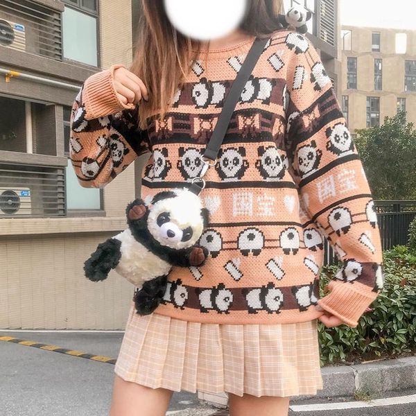 

2021 japanese cute panda animal jacquard sweet bow round neck sweater girl fall/winter loose outer wear pullover sweater 1, White;black