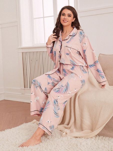 

plus tropical & crane print contrast piping pj set 96sz#, Black;white