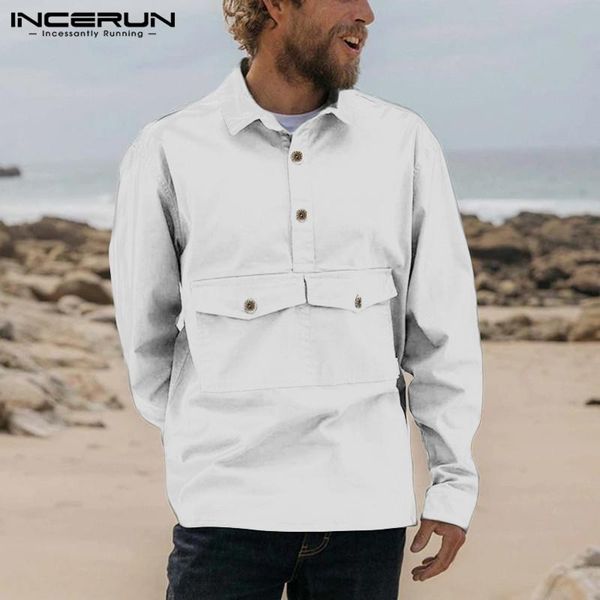 

incerun mens shirts long sleeve lapel neck chemise vintage button up camisa male solid mult pockets blusas streetwear plus size, White;black