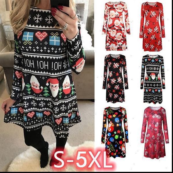 

women santa claus elk snowman christmas tree printed dress o neck long sleeve casual loose party dresses christmas gifts, Black;gray