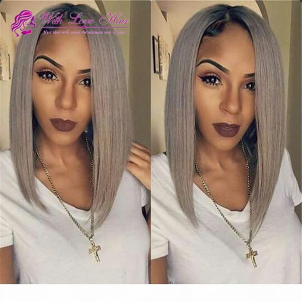 

grade 8a short straight ombre grey full lace wig with baby hair dark roots ombre lace front bob wigs for black women