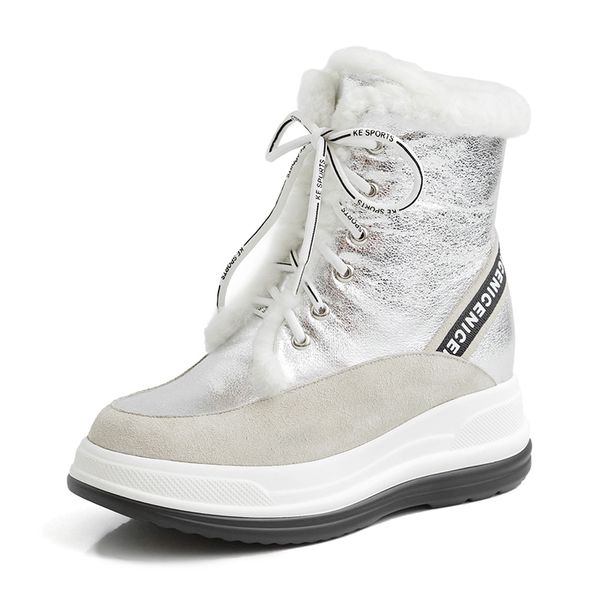 

nemaone genuine leather snow boots flat platform women winter warm ankle boots lace up ladies casual shoes large size 42 43, Black