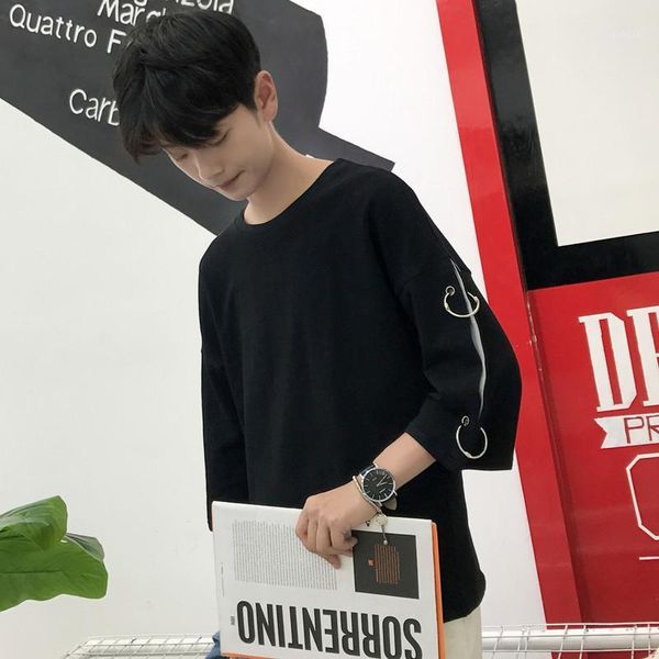 

korean plus size oversized loose s~3xl patchwork metal ring buckle hiphop high street cotton tee shirt men t-shirt fashion t1, White;black