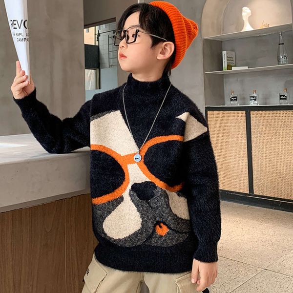 

korean boys' thickened mink fce pullover turtleneck middle school children's winter fashion sweater nzia, Blue