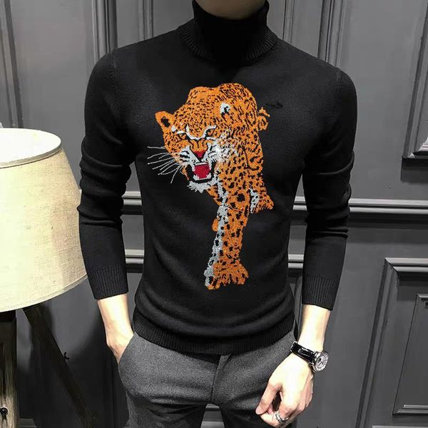 

men's sweaters winter bottoming pullover black men turtleneck sweater super exaggerated tiger diamond pattern sweatshirt, White;black