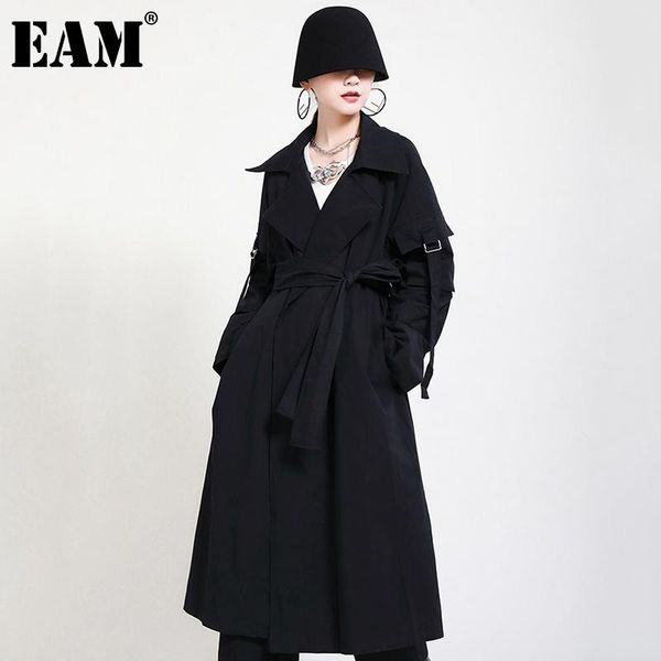 

eam] women black bandage long big size trench new lapel long sleeve loose fit windbreaker fashion spring autumn 2021 1dc690, Tan;black