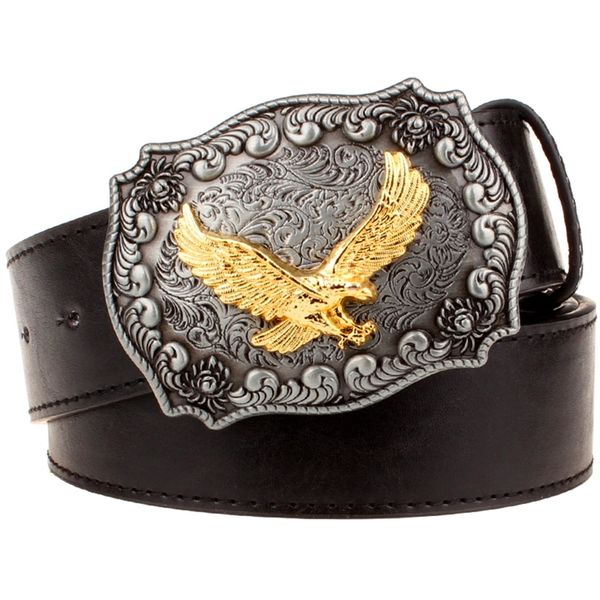 

men's leather belt metal buckle retro eagle totem pattern western style belts men cowboy bull belt women's gift y200520, Black;brown