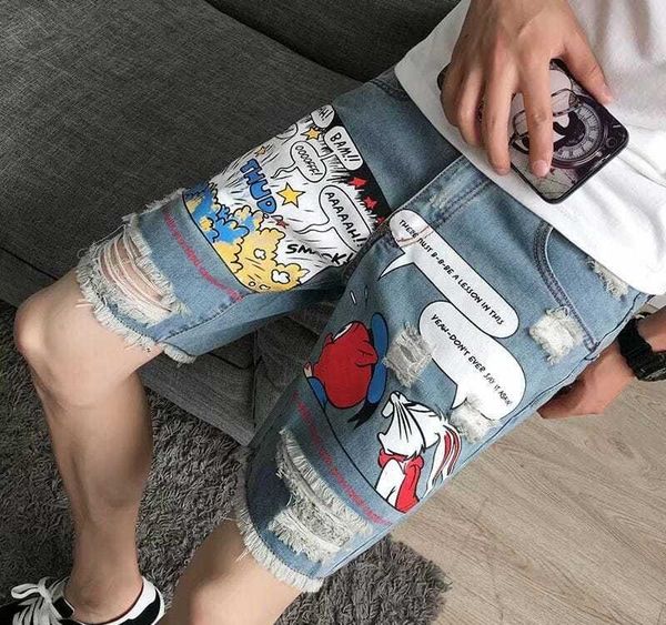 

марочные новые летних горячие для мужчин нищего патча случайного denim short streetwear straight байкерских джинсов коротких stretch рваных, Blue