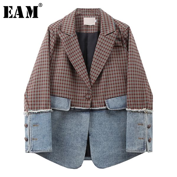 

[eam] women orange red plaid denim irregular blazer new lapel long sleeve loose fit jacket fashion spring autumn 2020 lj201021, White;black
