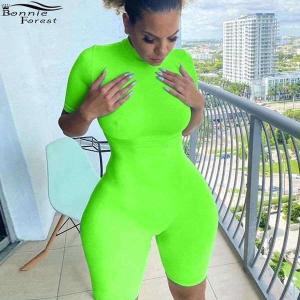 

bonnie forest casual turtleneck solid bodysuits jumpsuit summer overalls casual womens neon green matching playsuit rompers y200904, Black;white