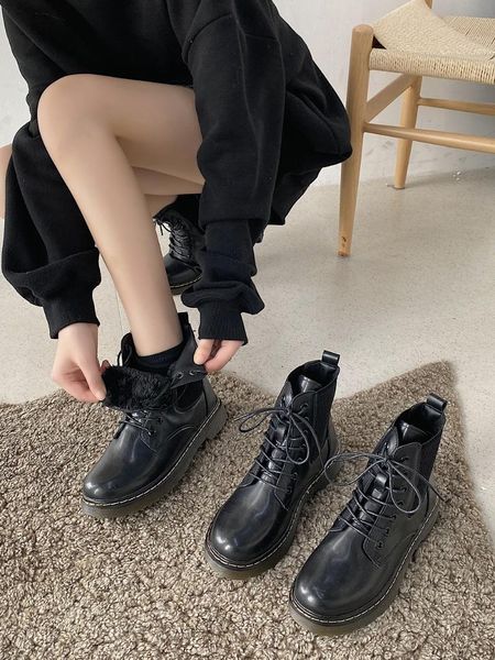 

lace up boots women's low shoes luxury designer boots-women round toe ankle ladies fashion 2020 med rubber rock hoof heels pu, Black