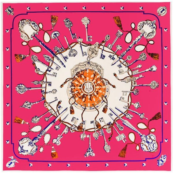 

100cm silk square scarf women scarves vintage metal key chain print bandana female designer shawl and wrap muslim lady foulard bbyilq, Black