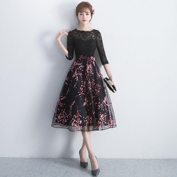 

casual dresses folobe vintage black appliques lace dreses tulle sheer neck flower women dress half sleeve formal evening party dre ss, Black;gray