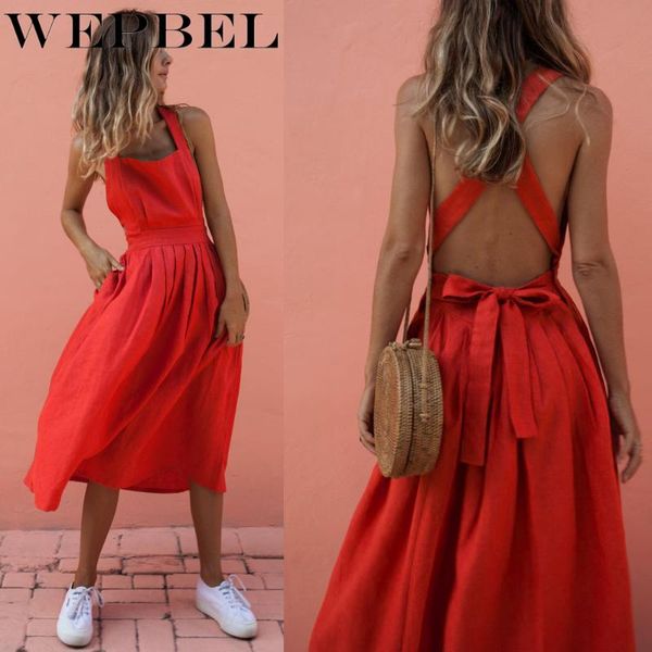 

wepbel women's high waist backless sleeveless spaghetti strap pleated dress summer fashion solid color bow backless dress, Black;gray