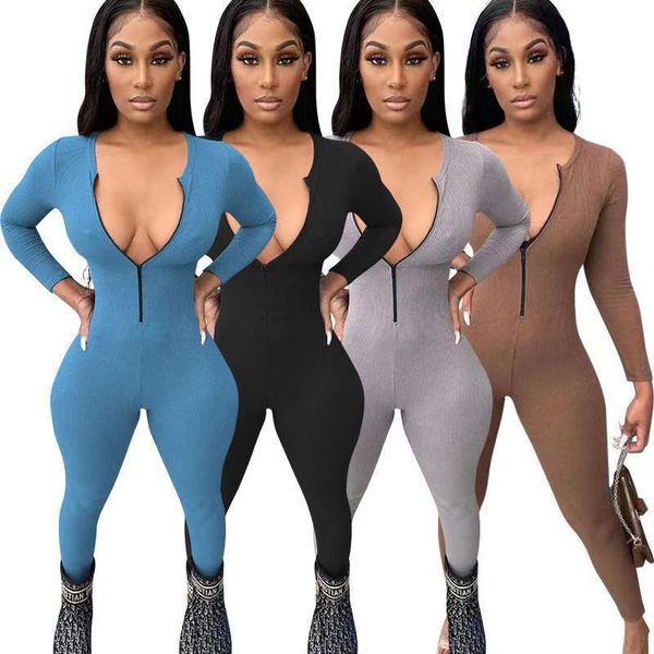 

designer women's jumpsuit slim fit fitness bodysuit zipper casual long sleeve v-neck one-piece jumpsuits amp rompers, Black;white