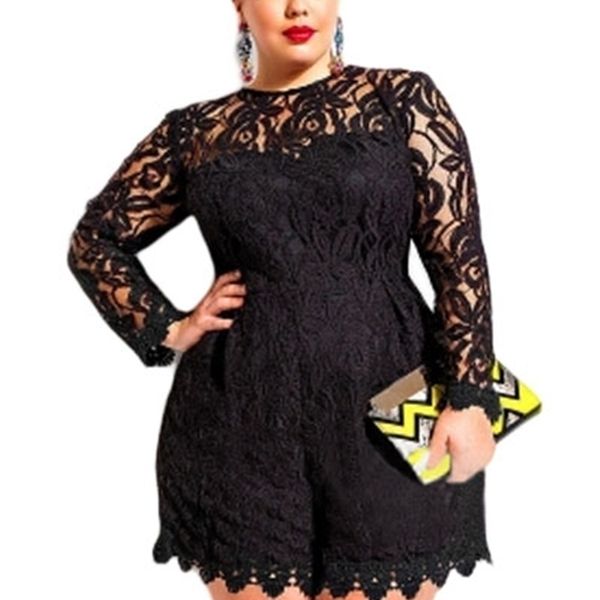 

adogirl plus size l-6xl women lace romper solid hollow out long sleeve jumpsuits shorts playsuit ladies clubwear bodysuits y200401, Black;white