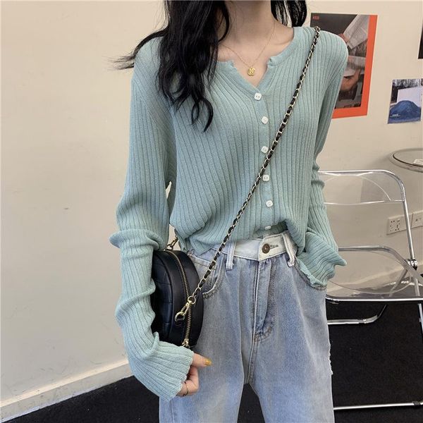 

women's knits & tees krean style v-neck short knitted sweaters women thin cardigan fashion sleeve sun protection cropped solid casual, White