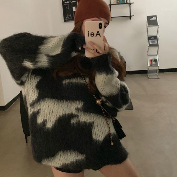 

vintage patchwork knitted sweater women 2021 autumn winter casual cozy long sleeve jumper retro streetwear sweaters oversize, White;black
