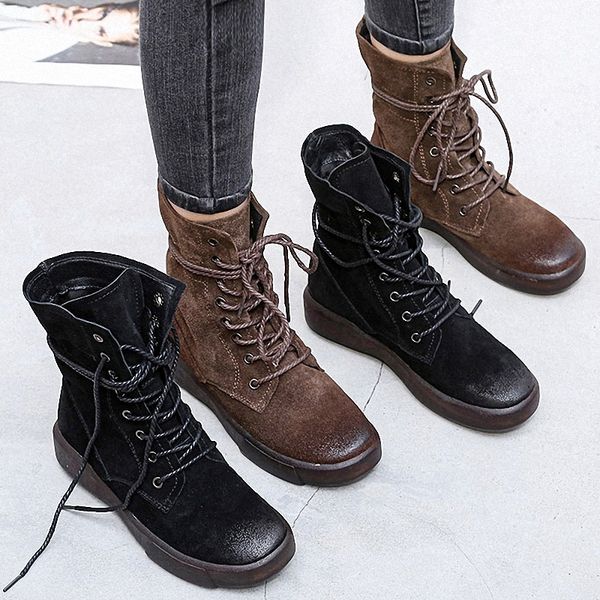 

2020 snow artisanal winter women's genuine leather woman ankle boots female retro rubber shoes plus size mly5, Black