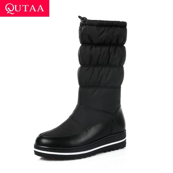 

qutaa 2020 snow boots female winter warm plus plush elastic band round toe thick bottom pu leather down mid calf boots size35-43, Black