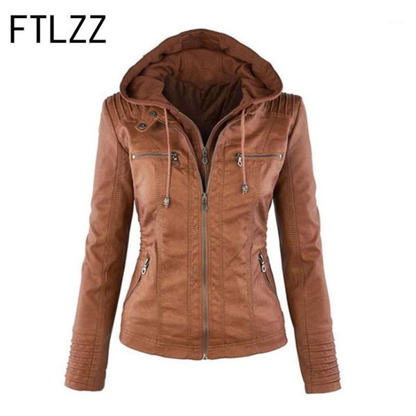 

ftlzz 2018 fashion hooded leather women jacket autumn winter streetwear zipper long sleeves warm coat1, Black