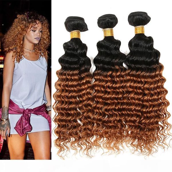 

beauty honey blonde hair bundles deep curly hair weaves 3 pcs lot #1b 30 two tone hair extensions for young girl, Black