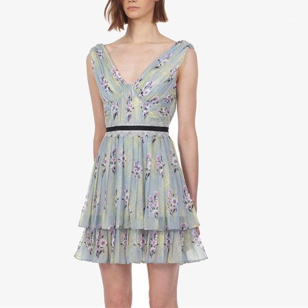 

v neck open back short prom dress a-line sleeveless pleated floral print chiffon prom dress semi formal party vestido1, White;black