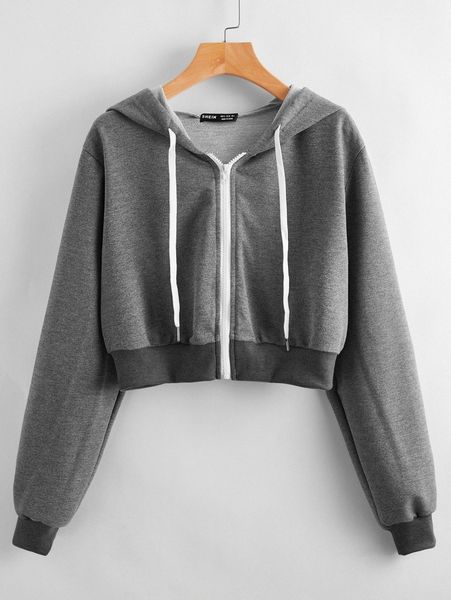 

drop shoulder zip up drawstring crop hoodie i3ya#, White;black