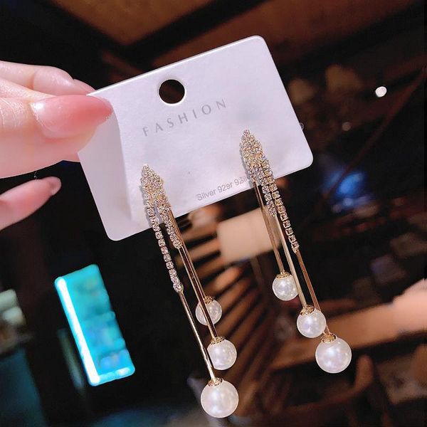 

south korea dongdaemun cool instafamous design sense slim face earrings 925 silver zuan lian pearl tassel earrings female, Golden