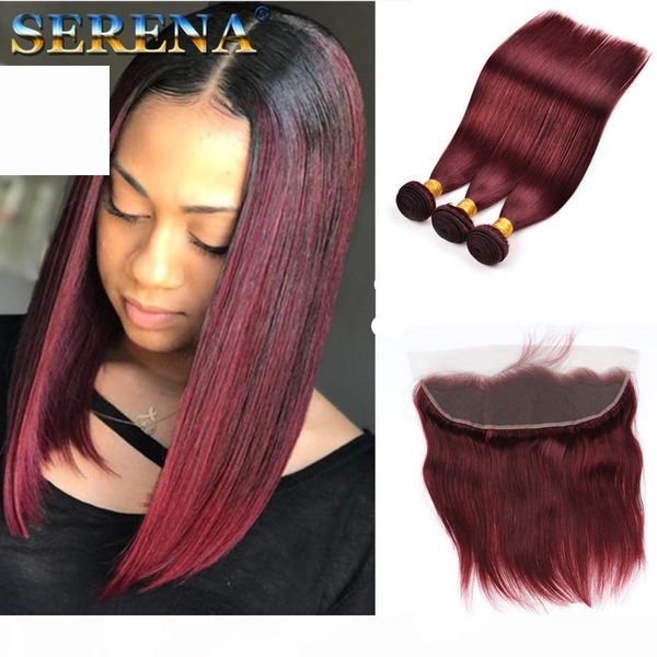 

wine red 99j straight hair 3 bundles with lace frontal closure brazilian hair 3 bundles with closure burgundy virgin human hair weaves, Black;brown