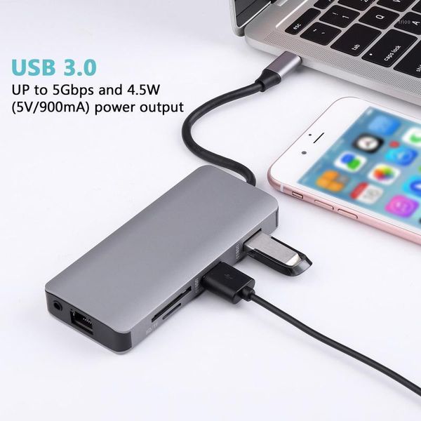 

multi-port adapter 9 in 1 hub type-c to usb3.0*2+pd+hd+rj45+vga+3.5mm audio jacl+tf intelligent usb hub for lappc phones1