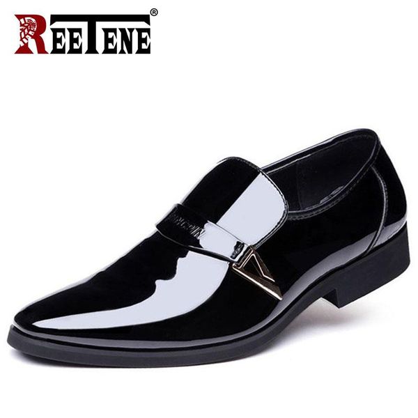 

reetene new fashion leather wedding shoes pointed toe formal male dress shoes slip-on men loafers oxford business zapatos hombre, Black