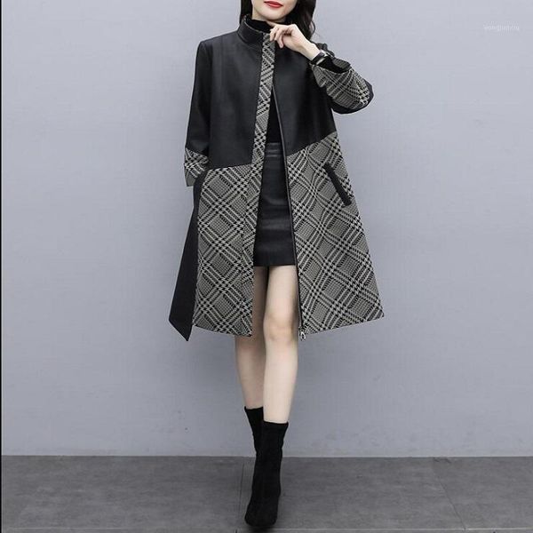 

2021 new women's coats autumn and winter loose large medium length a-line leather female black splicing woolen trench.1, Tan;black
