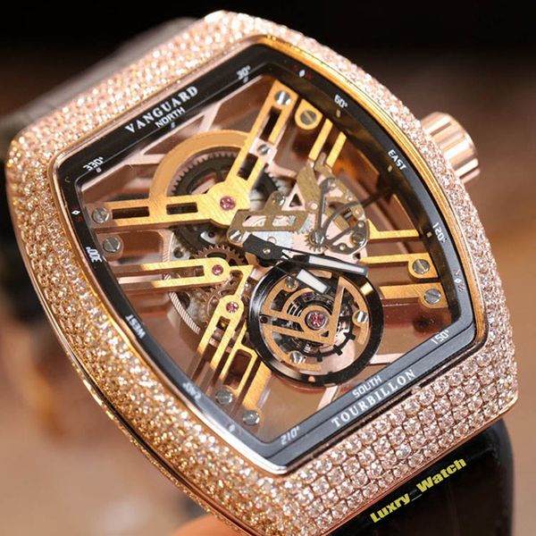 

version new saratoge v 45 t sqt skeleton dial japan miyota automatic 28800vph mens watch rose gold diamond case leather strap watches, Slivery;brown