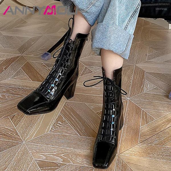 

annymoli short boots women shoes zip cross tied high heel mid-calf boots square toe thick heels lady autumn brown black 401