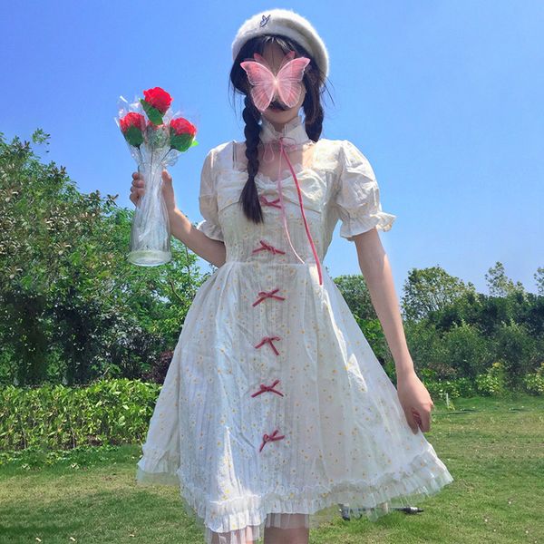 

2021 New Botwie Beautiful Lolita Dressed Summer Sweet Flower Daisy White Turtleneck Frilly Dress Short MT6R, Black;gray