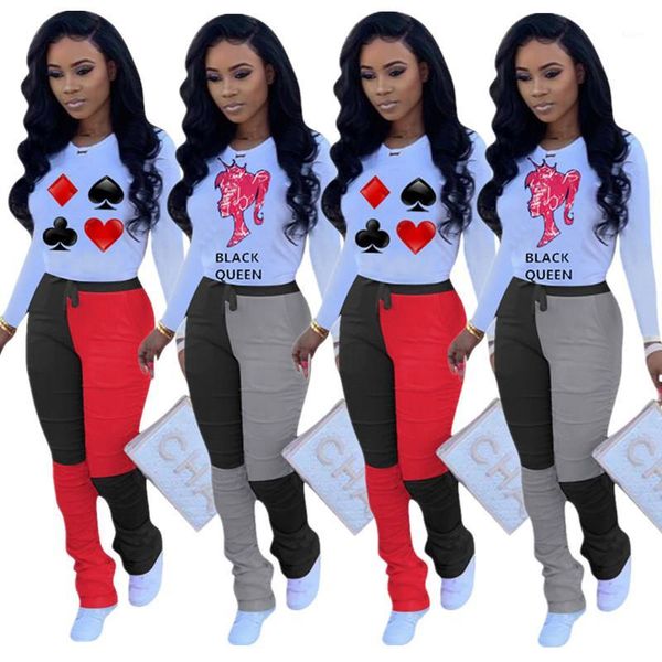 

2020 new autumn woman suit casual style solid color poker spades q print long sleeves & patchwork leggings 2 piece set1, Gray