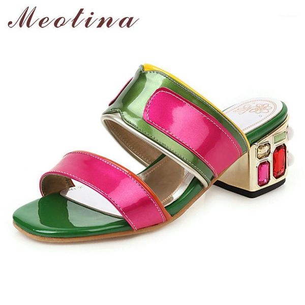 

meotina summer slippers women shoes mixed colors thick high heels shoes rhinestone open toe slides ladies sandals big size 33-461, Black